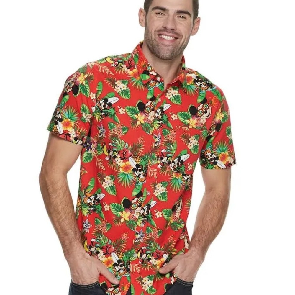 Disney men's Mickey house red Hawaiian tropical collars button down size small